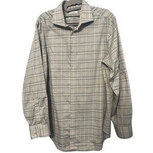 Calvin Klein Mens Slim Fit Non-Iron Plaid LS  Dress Shirt 16.5 32/33 Gray White